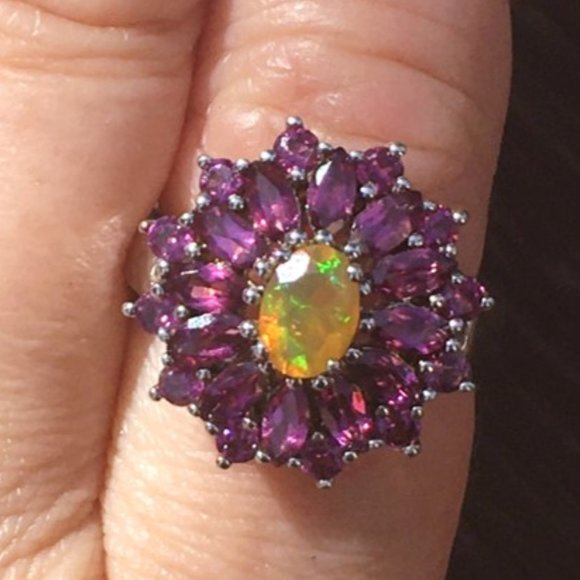 Genuine Opal & Garnet Halo Ring .925 Sterling Silver Natural Gemstones Sz 5 or 7 - Picture 7 of 16